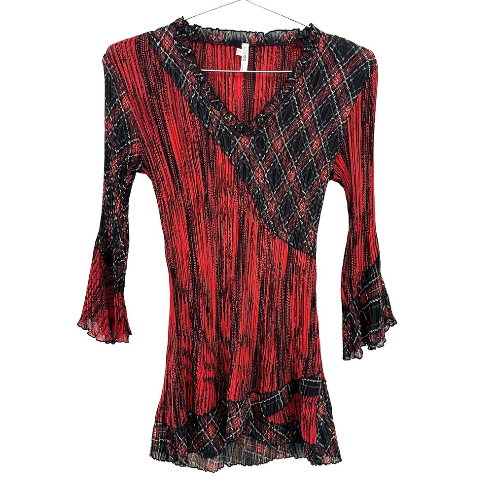 LINDI Crinkle Pleat Plaid Tunic Top • Large • red black whimsygoth indie‎ grunge